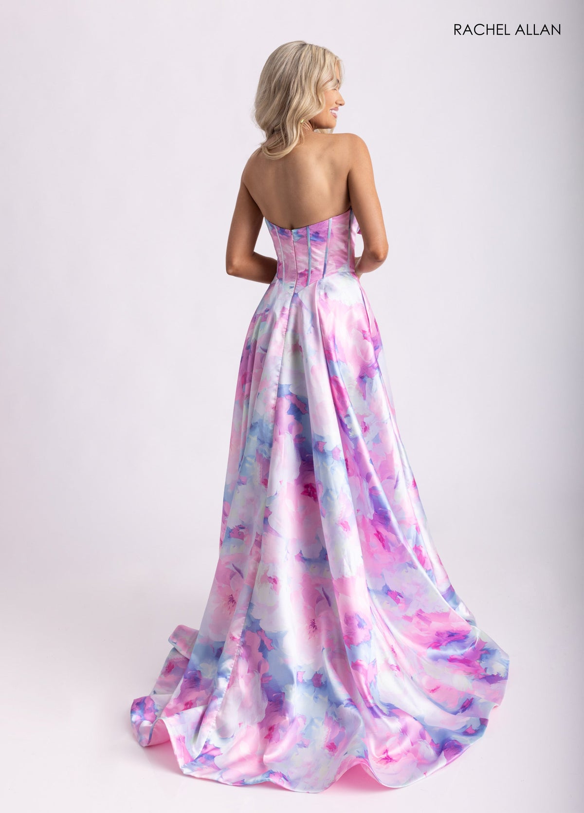Print Strapless A-line Slit Gown by Rachel Allan 71036