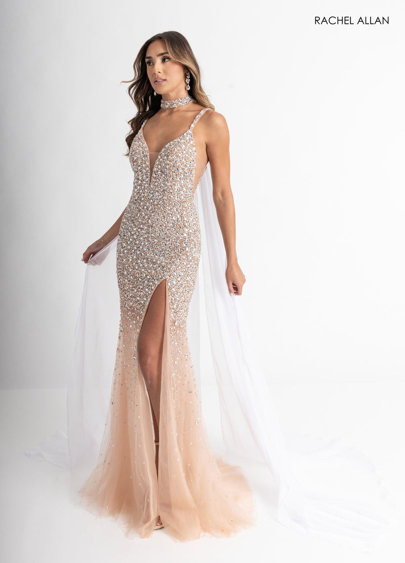 Beaded V-Neck Slit Gown by Rachel Allan 71047