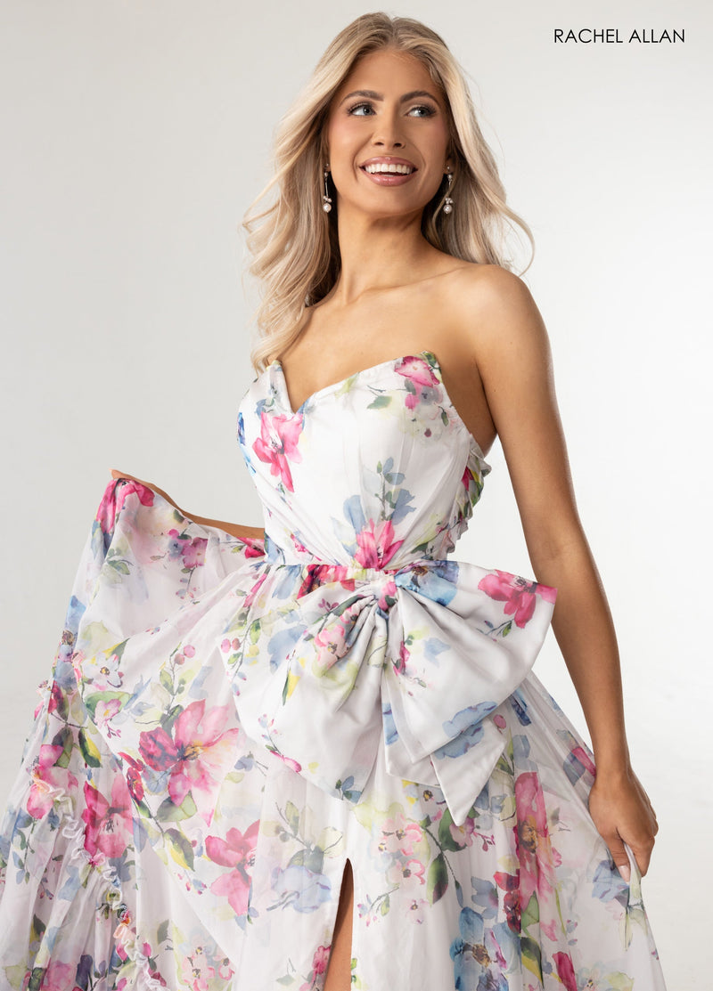 Print Strapless A-line Slit Gown by Rachel Allan 71065