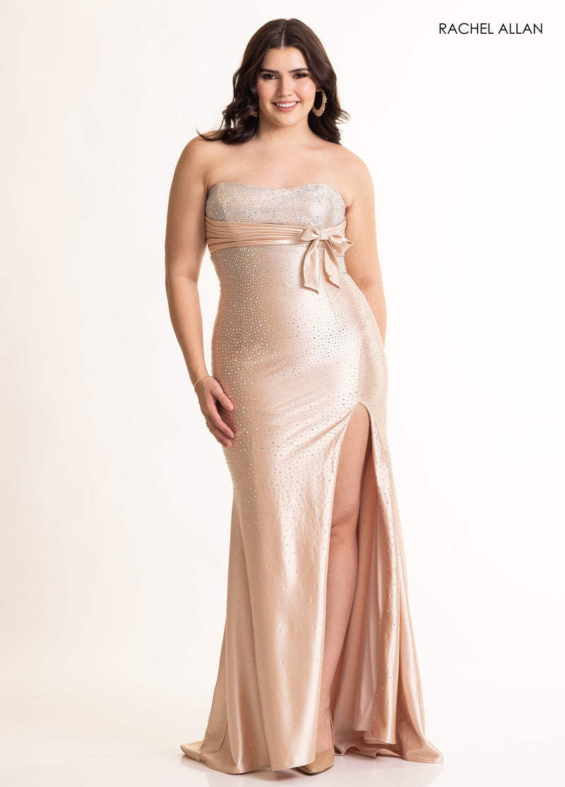 Satin Strapless Slit Gown by Rachel Allan 71067