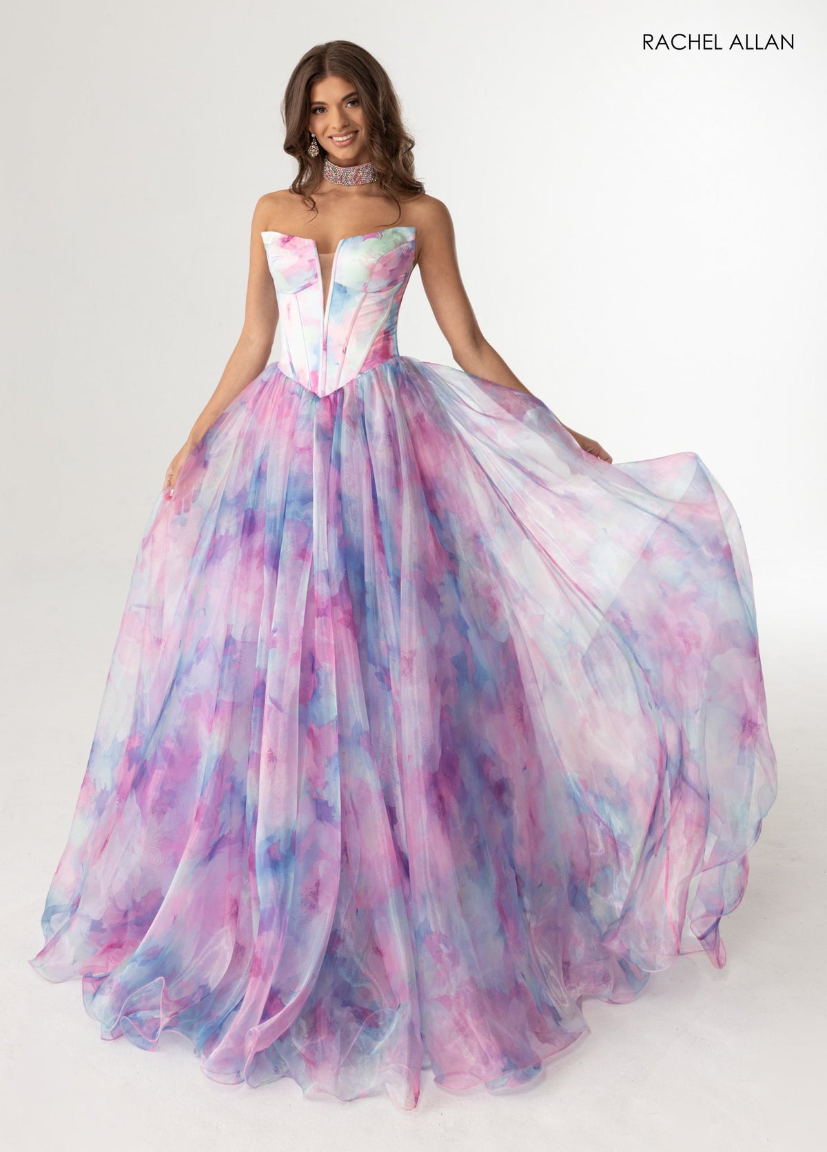 Print Strapless A-line Gown by Rachel Allan 71069