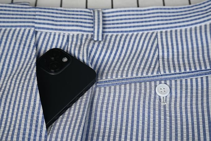 Mens Seersucker Pants - Summer Casual Pinstripe Modern Fit in Color Navy Blue