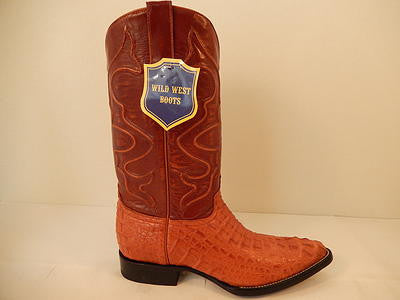 Cognac crocodile leather wild west boots. Pointed toe, tall shaft. Dark brown upper with decorative stitching, textured crocodile lower.
