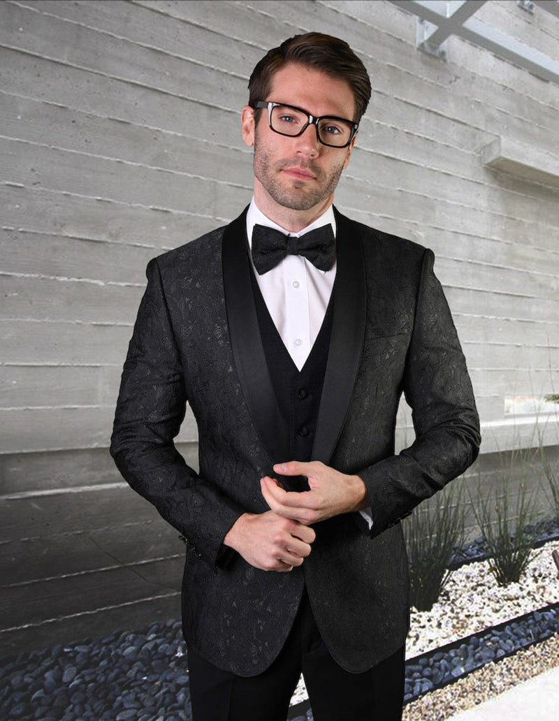 Black men's tuxedo vest with geometric leaf pattern, fitted design, satin lapels, and a three-button front. Features a subtle sheen.
