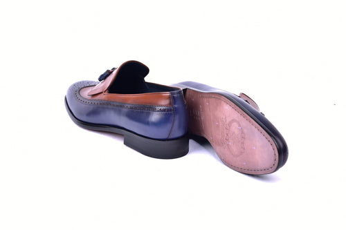 C00019-7397 Wing tip Kiltie Tassel Loafer-Navy/Tan