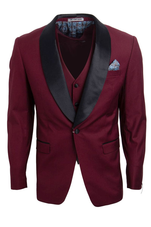 "Mens Stacy Adams Suit - Stacy Adams Suit Men's Vested Shawl Lapel Tuxedo - One Button, Burgundy"