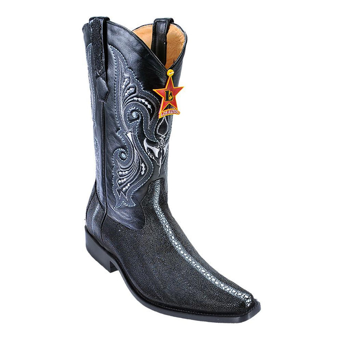 Los Altos Stingray Row cowboy boots in black, featuring a tall shaft with swirling silver stitching. They have a textured, shimmering finish, pointed toe, raised heel, and pull loop.
