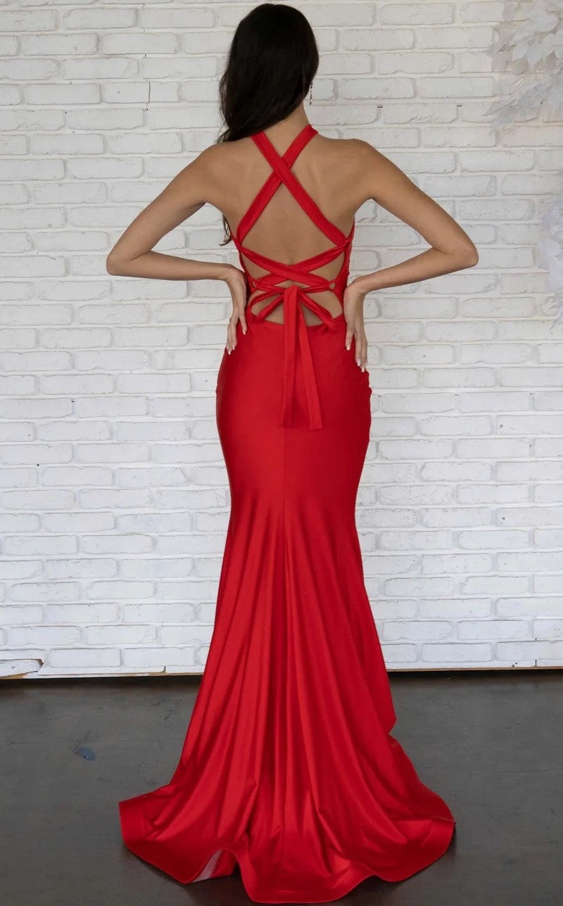 Jessica Angel JA745 Halter Fitted Open Back Lace-Up Back Ruched Jersey Dress