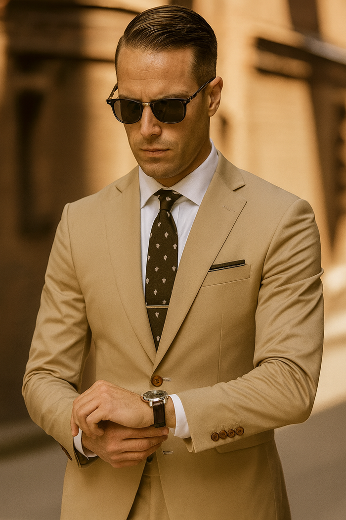 Khaki cotton suit with fitted single-breasted jacket, slim trousers, notch lapel, and two front pockets. Lightweight, solid khaki, paired with a dark-toned patterned tie. Jacket with 3 brown cuff buttons.