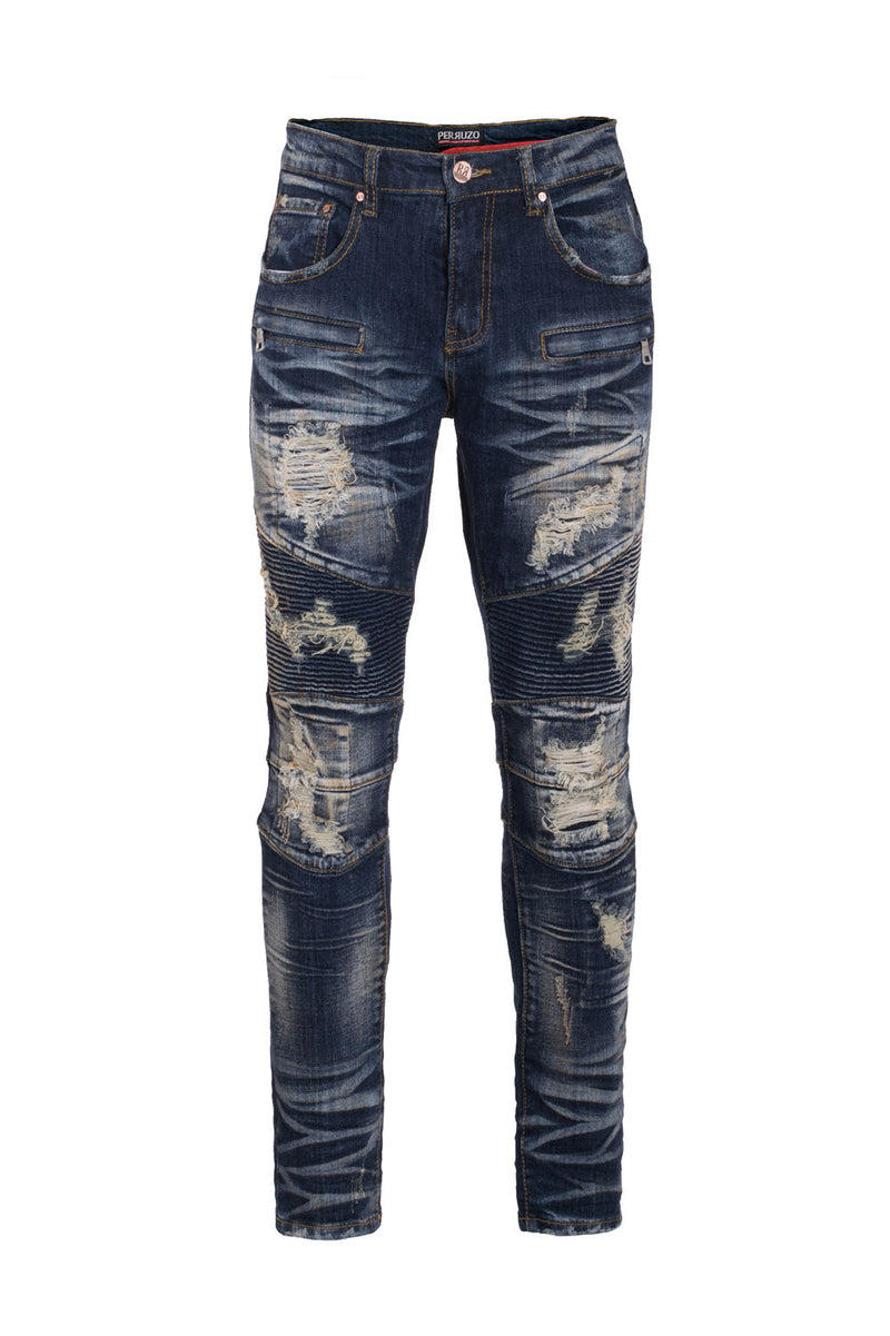 Distressed Moto Jeans in demin