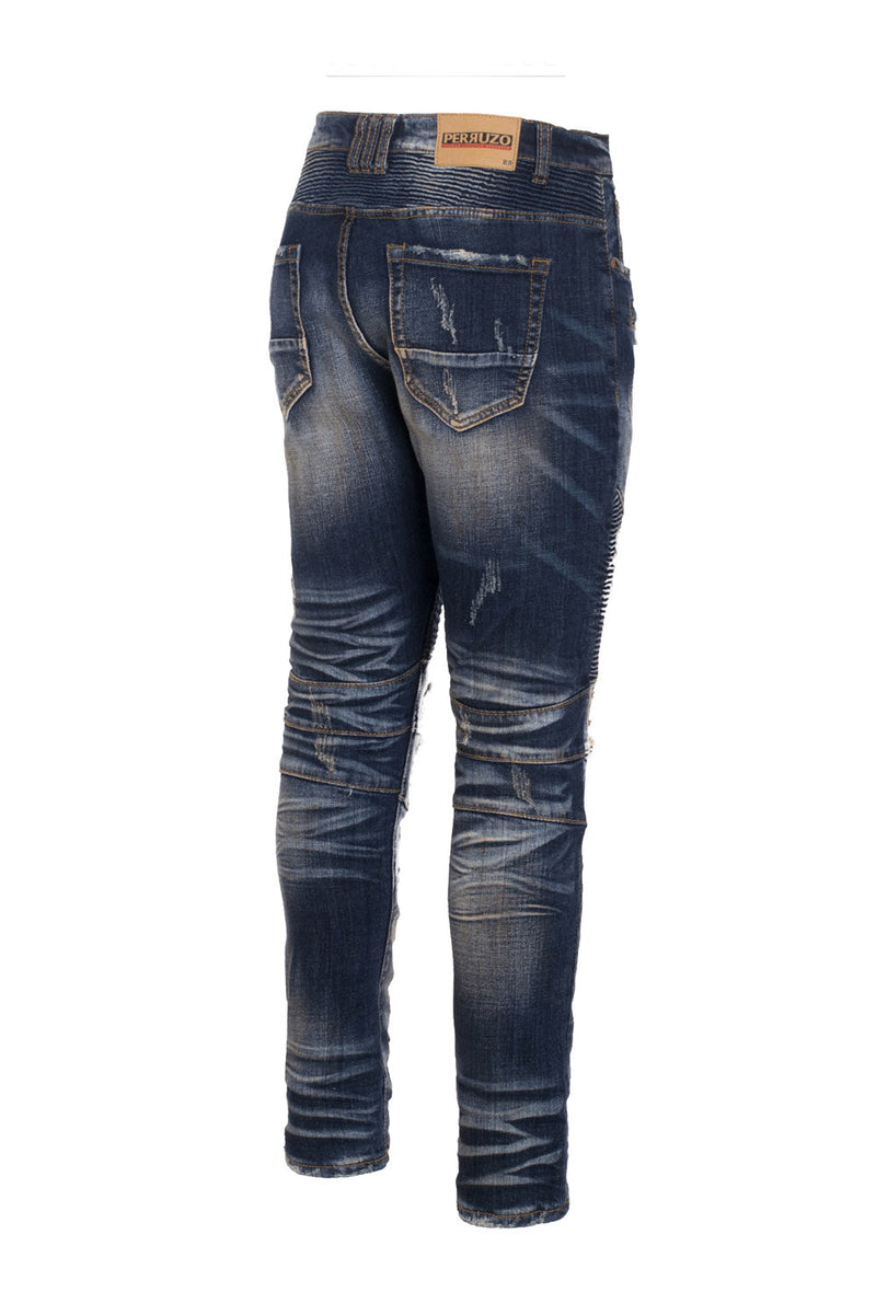 Distressed Moto Jeans in demin