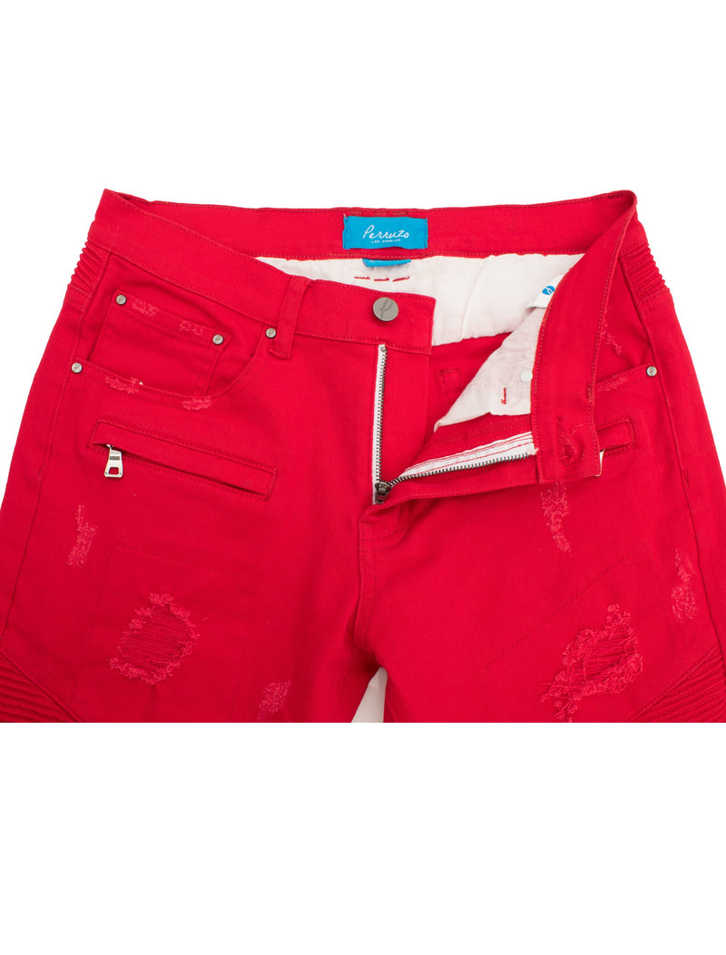 Distressed Moto Jeans  in Red color