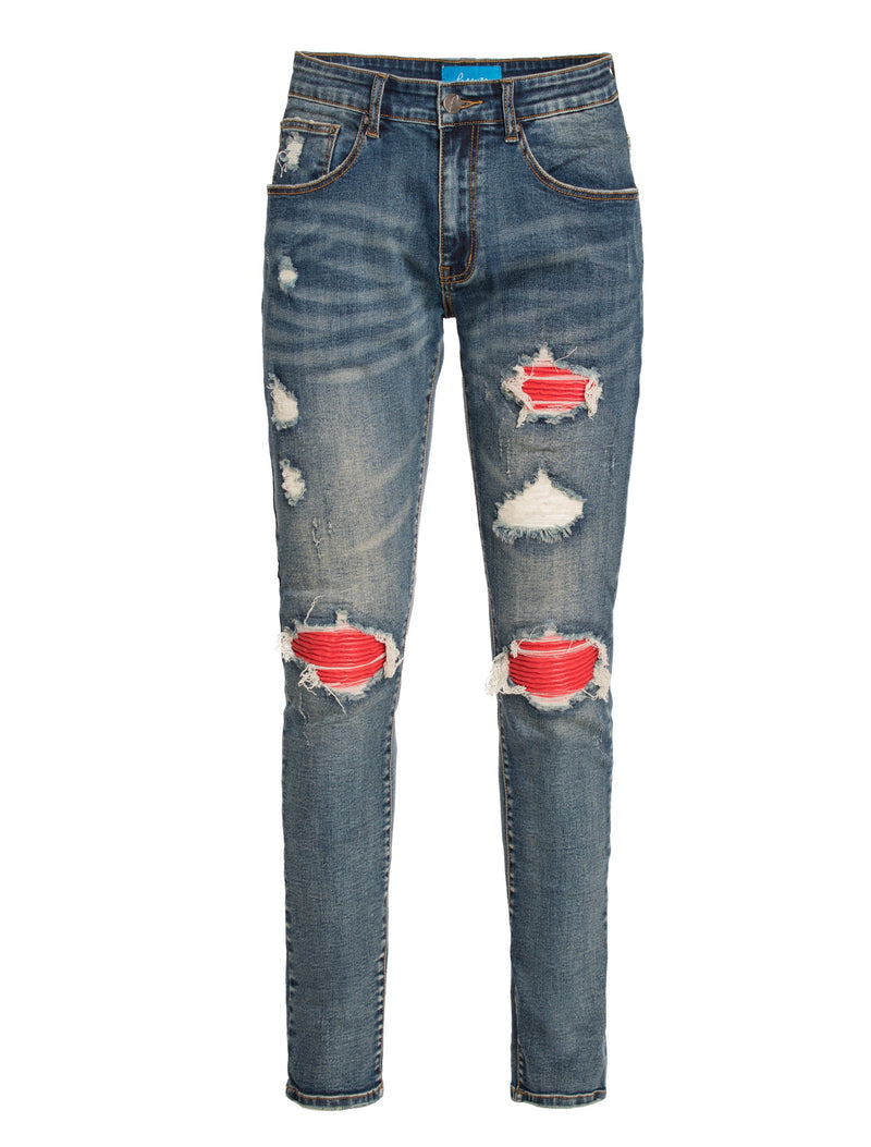 PX Indigo denim , quilted red patches