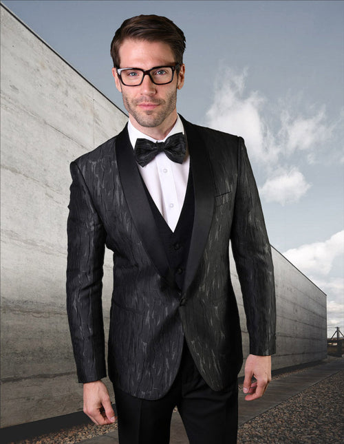 Men's black tuxedo with vertical texture print. Fitted design, black satin shawl collar, and matching vest. Textured pattern adds visual interest.

