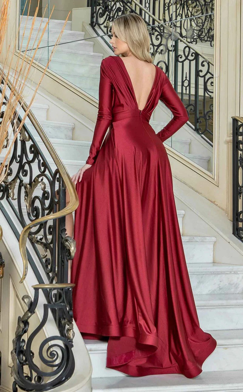 Jessica Angel JA796 Long Sleeve A-Line High Slit V-Back Draped Jersey Dress