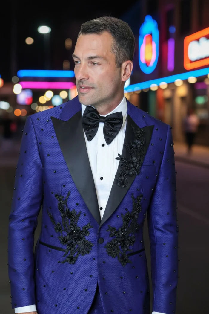 Men’s Parini Royal Blue Embellished Suit – Modern Fit Peak Lapel Prom & Formal Suit