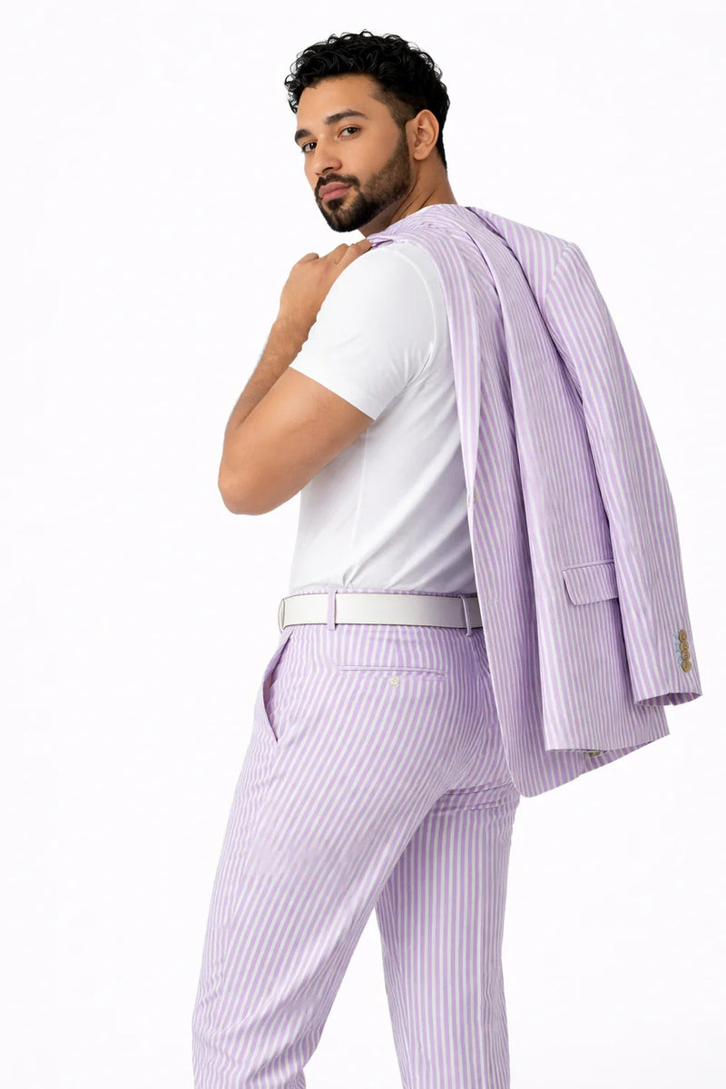 Inserch Mens Premium Cotton Seersucker Stripe Suit – Purple
