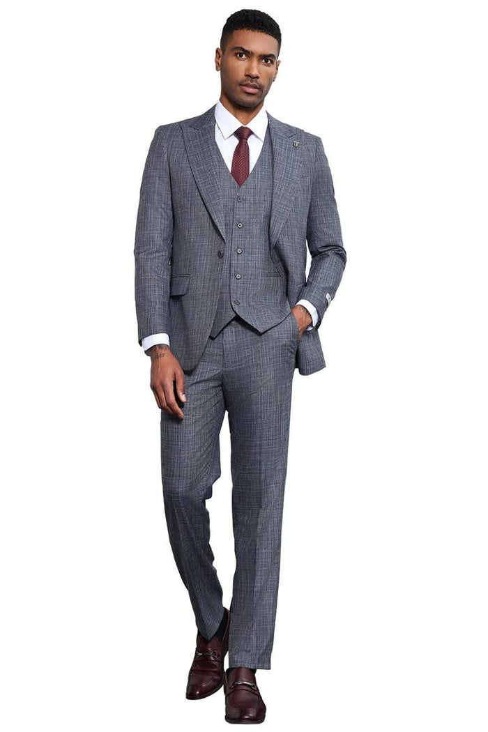 Men's Stacy Adams grey sharkskin suit. Tailored silhouette with a textured weave. Includes jacket with notched lapels, two pockets, matching vest and slim-fit, flat-front trousers.
