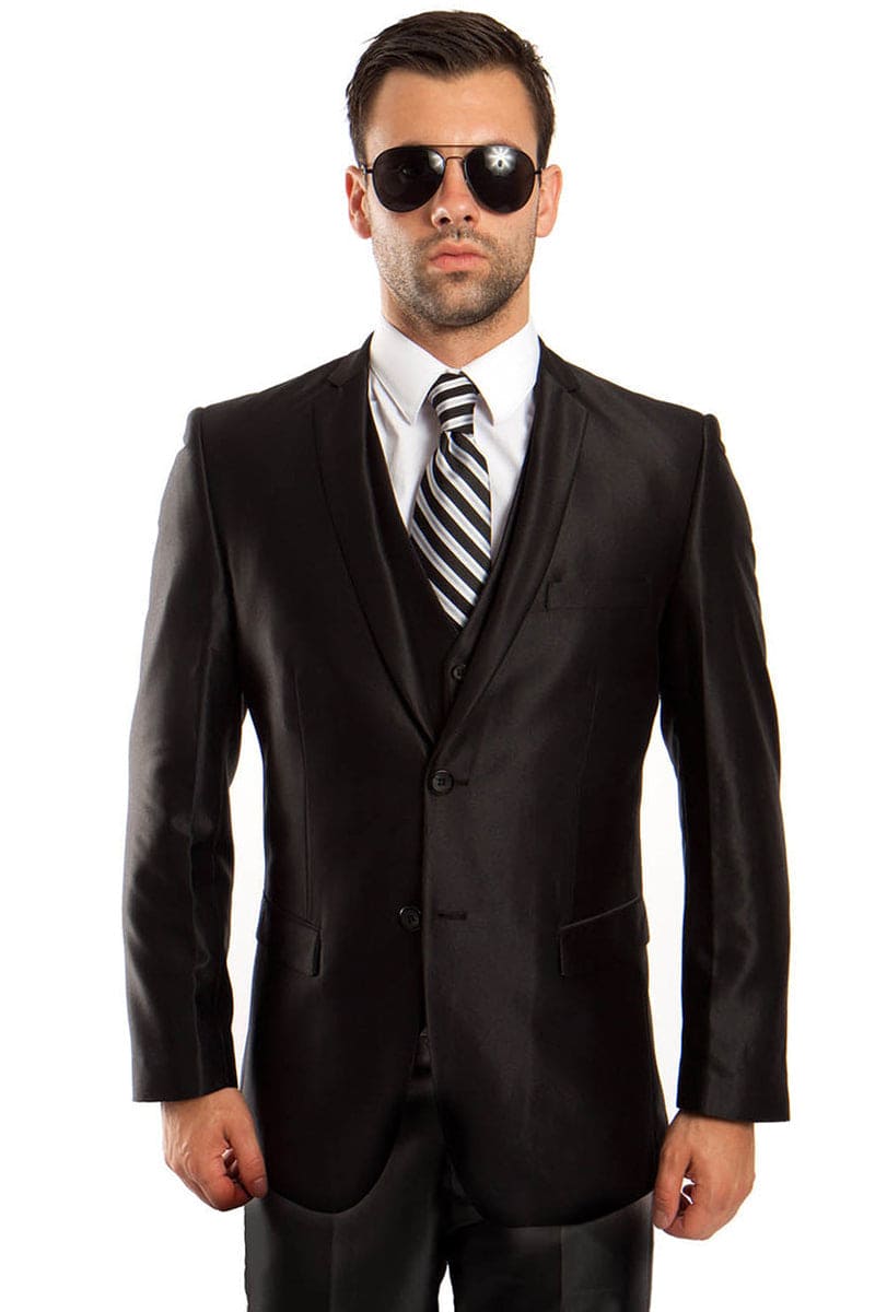 "Black Sharkskin Men's Wedding & Prom 2026 Suit - Two Button Vested Fashion"