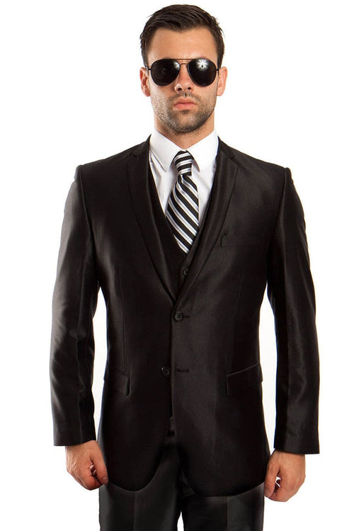 "Black Sharkskin Men's Wedding & Prom 2025 Suit - Two Button Vested Fashion"