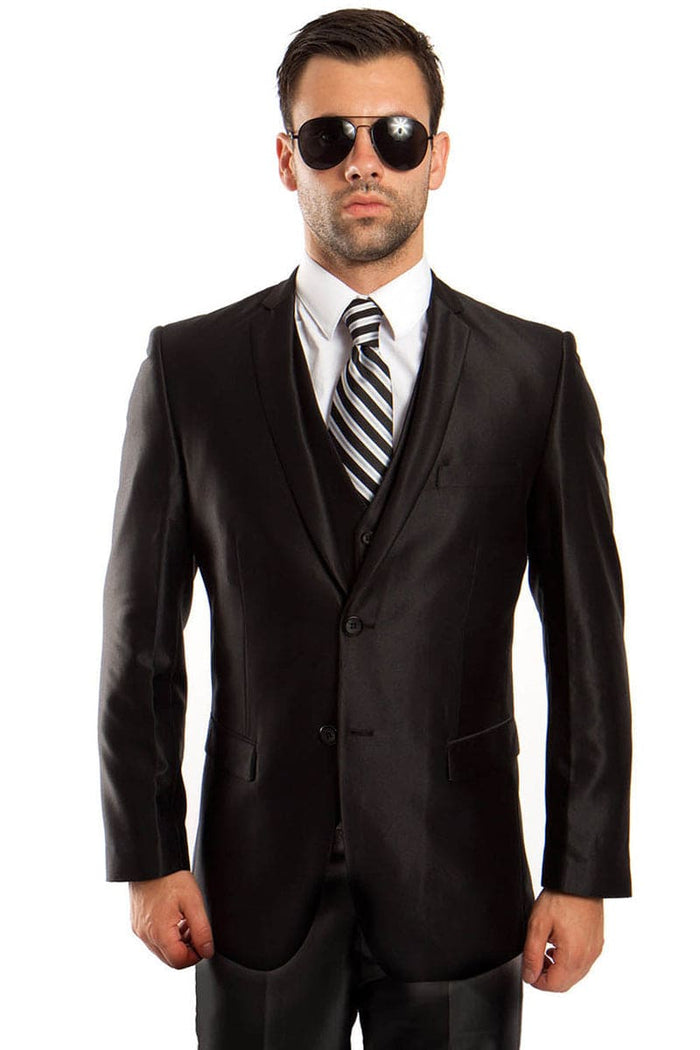 "Black Sharkskin Men's Wedding & Prom 2026 Suit - Two Button Vested Fashion"