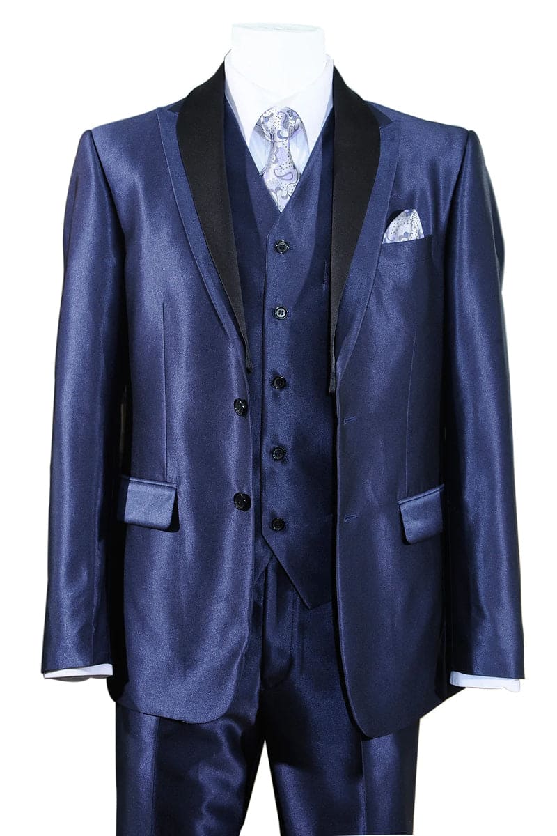 Sharkskin Suit – Slim Fit, 2-Button Vested, Men’s Navy Blue