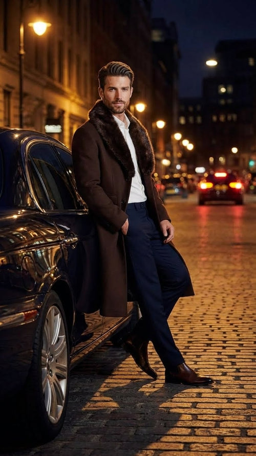 Men's deep brown overcoat with faux fur collar. Straight fit, button-front closure, and smooth texture. A classic, warm, and stylish winter coat.
