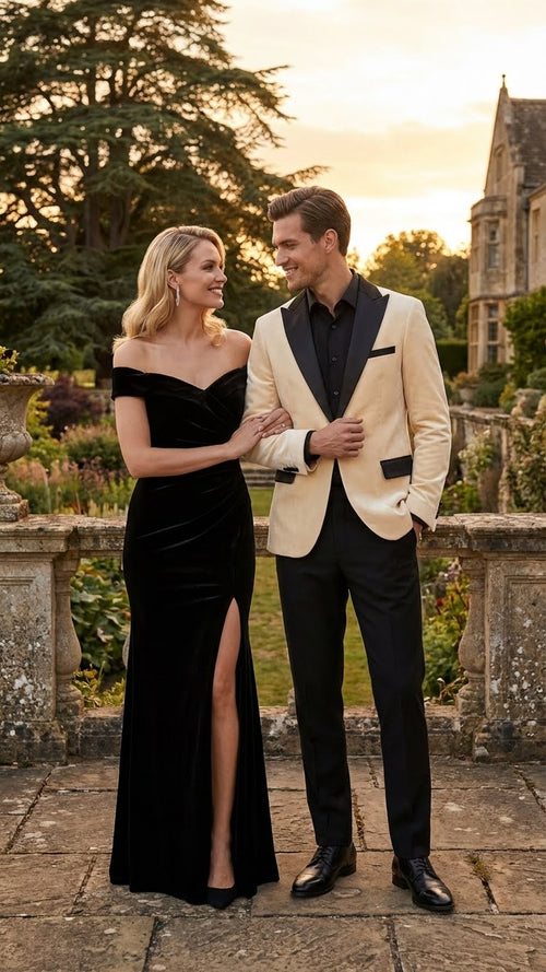 Ivory men's dinner jacket: cream velvet fabric, black satin lapel & pocket details. Structured, single-breasted silhouette.
