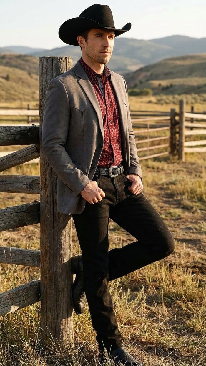 Men’s brown western faux suede blazer by Alberto Nardoni features a tailored fit with a notched collar, single-button closure, and two side pockets. The blazer exhibits a sleek, smooth texture typical of faux suede.