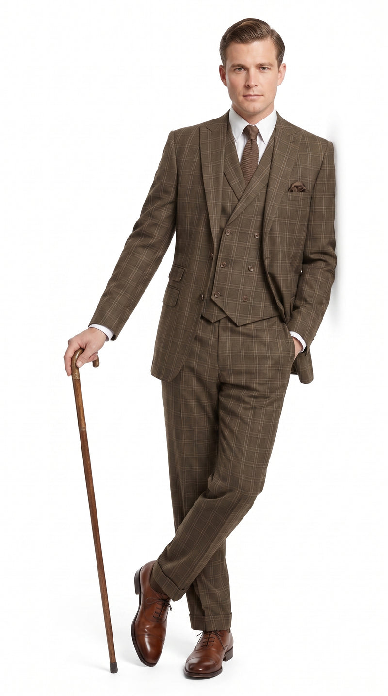 Men’s 1930s Brown Plaid 3 Piece Suit, Vintage Formal Wedding Business Dress Suit Set