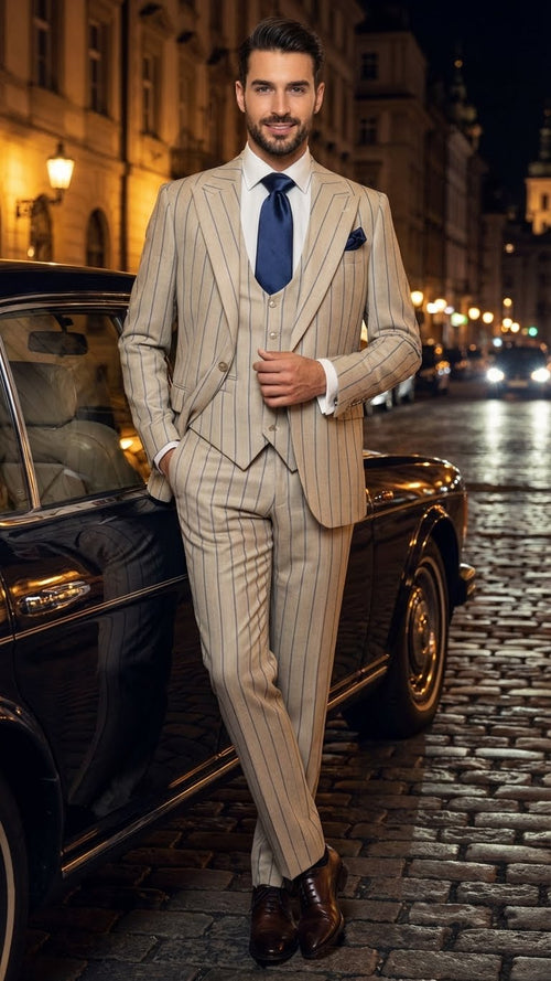 Beige three-piece suit with blue pinstripes. Tailored jacket, vest, and slim-fit trousers. Includes white shirt, dark blue tie, and pocket square. Dark brown leather shoes complete the ensemble.
