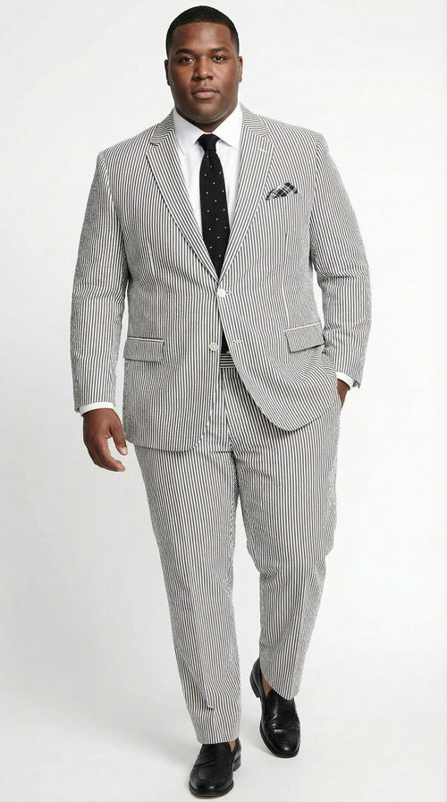 Men’s White and Black Seersucker Suit – Classic Lightweight Striped Summer Suit for Weddings and Formal Events