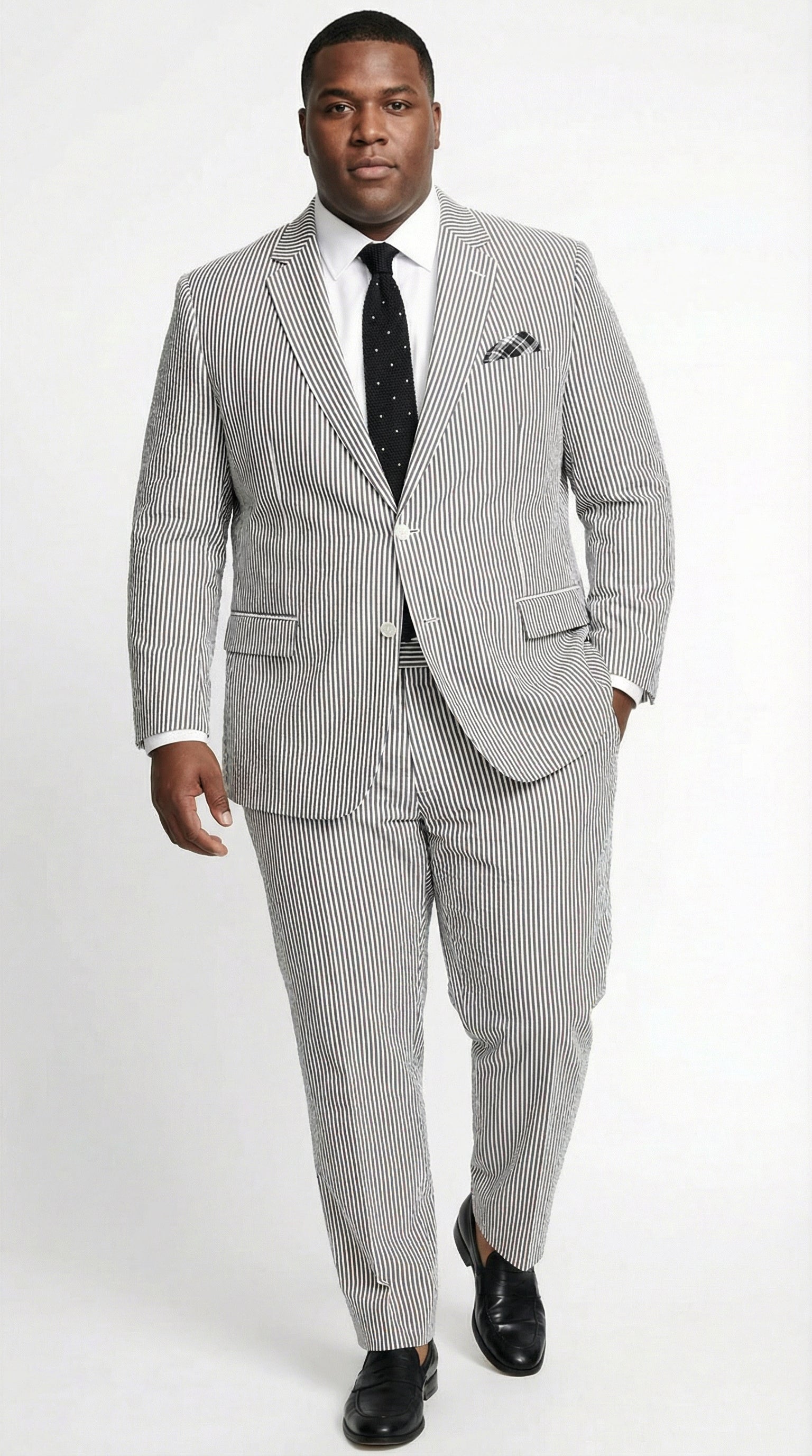 Men’s White and Black Seersucker Suit – Classic Lightweight Striped Summer Suit for Weddings and Formal Events