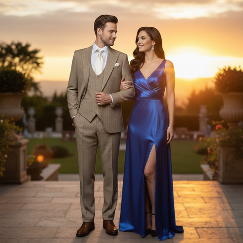 Men's beige pinstripe three-piece suit. Features fitted blazer with notched lapel, matching vest, and tailored trousers. Light beige color with a fine pinstripe pattern, structured shoulders, slim fit.
