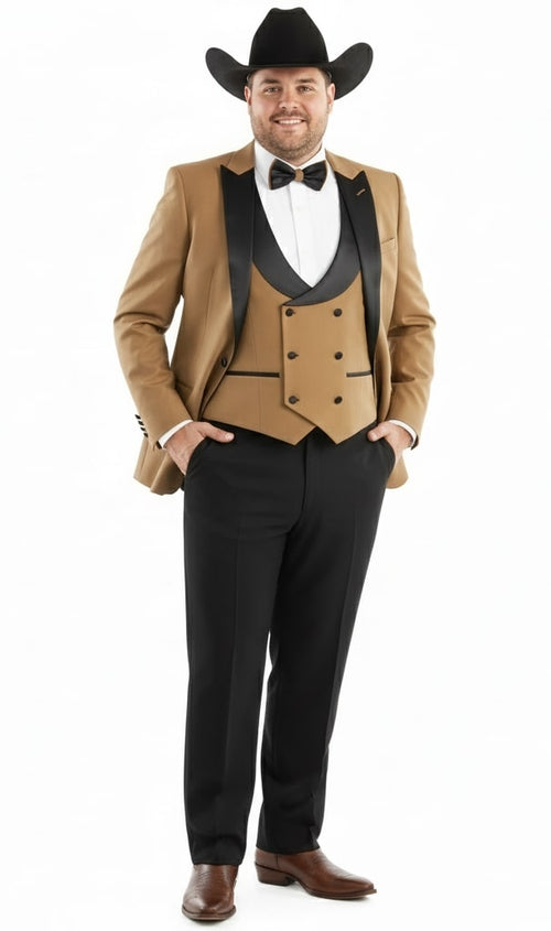 Men's cowboy tuxedo: Tan jacket with black satin lapel, mocca vest (double-breasted with black accents), and black trousers. Classic western style.
