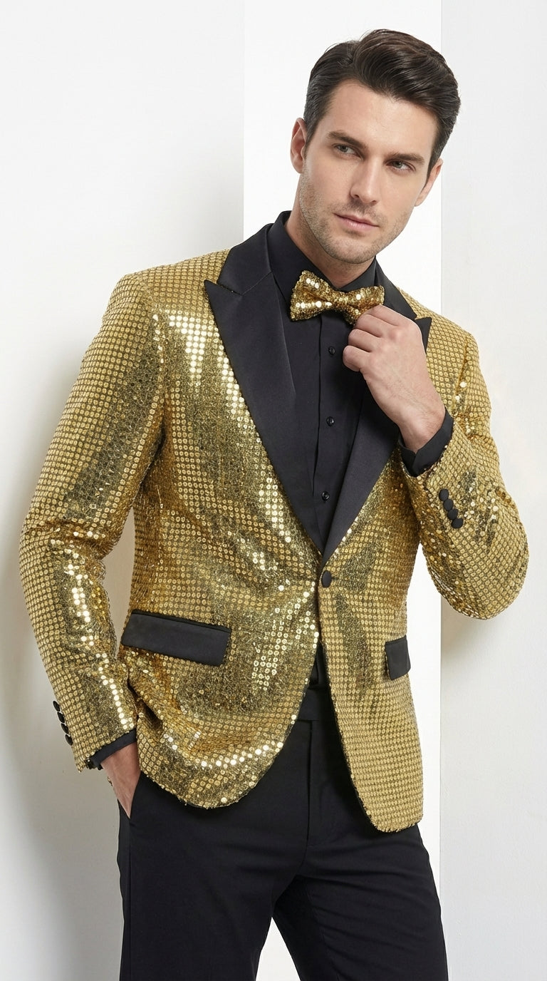 Mens Gold Sequin Blazer with Black Satin Lapel – Gold Formal Party Blazer Jacket for Prom, Wedding and Stage Events
