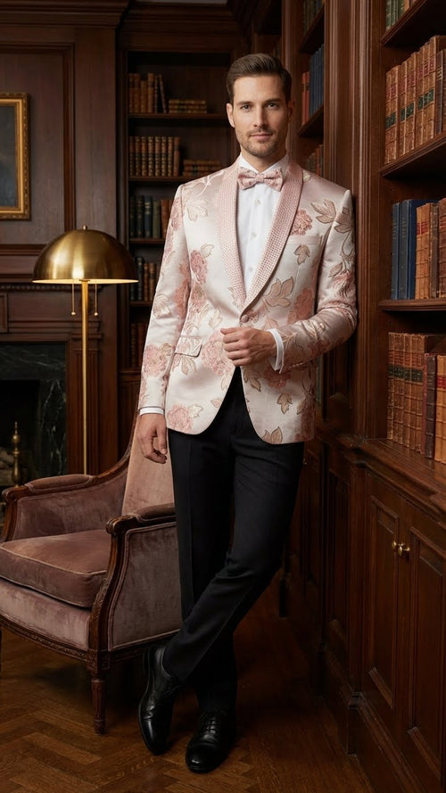 Pink floral jacquard blazer for men. Fitted shape, single-button closure, embellished shawl lapel. Textured fabric, pink & light floral designs. Elegant and stylish.
