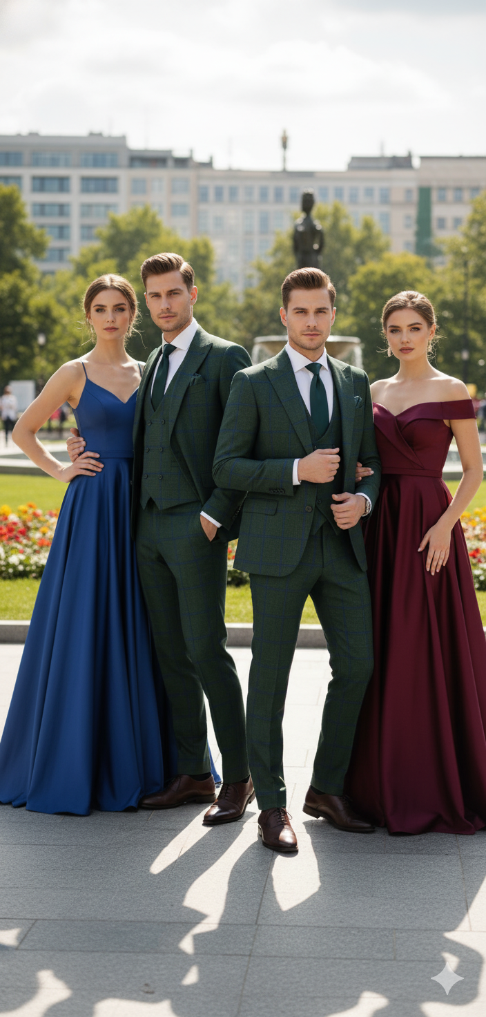 Men's slim fit 3-piece suit in green plaid. Features a classic check pattern with a tailored jacket, vest, and trousers.