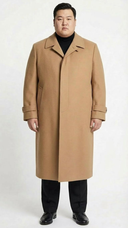 Alberto Nardoni men's camel overcoat: full-length, straight cut, slightly tailored. Features notched collar, side pockets, buttoned cuffs. Solid camel fabric, minimalist design, worn unbuttoned.
