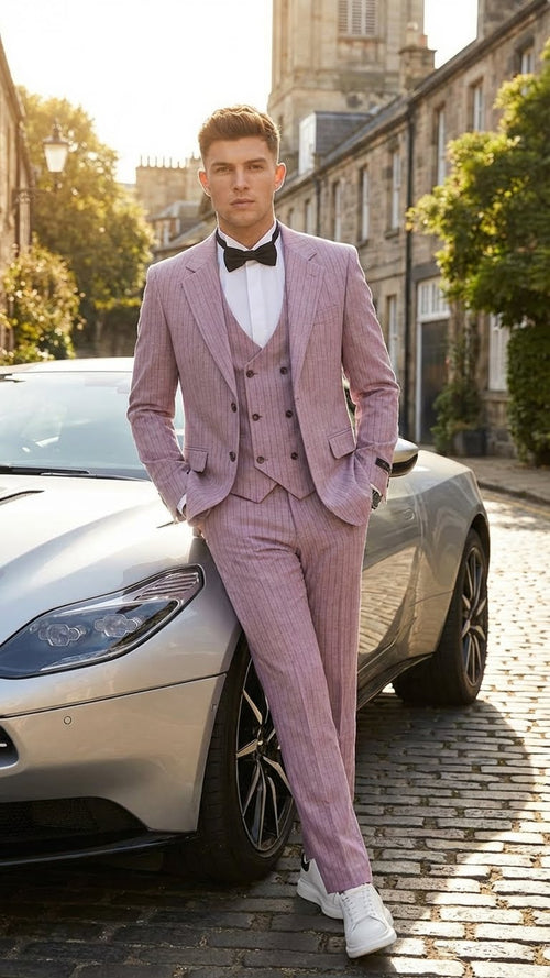 Alberto Nardoni men's dusty rose pink pinstripe three-piece suit. Features fitted jacket (notched lapel), matching vest, and tailored trousers. Subtle pinstripes, four-button jacket, two-button vest, and cropped trousers.

