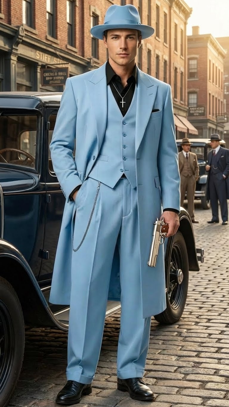 Men's light blue Alberto Nardoni zoot suit: long jacket, wide lapel, tapered trousers, matching hat, and vest. Smooth light blue fabric, chain accessory.
