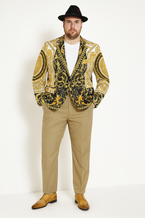 Men's baroque blazer: black with gold patterns. Beige pants, black hat, and yellow shoes complete the look. A bold and stylish ensemble.
