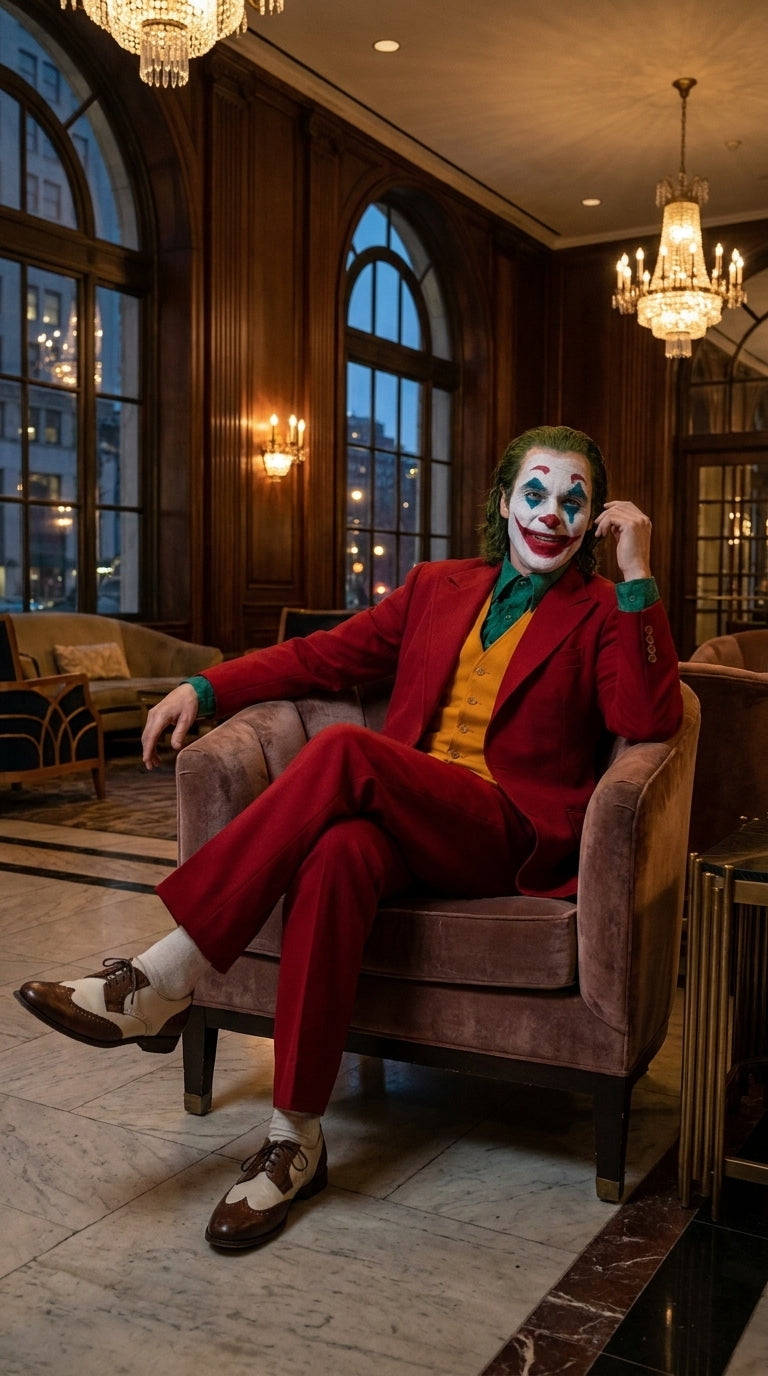 Men's Joker 2019 Red 3-Piece Suit – Joaquin Phoenix Movie-Inspired Costume with Mustard Orange Vest & Green Shirt & Tie Package