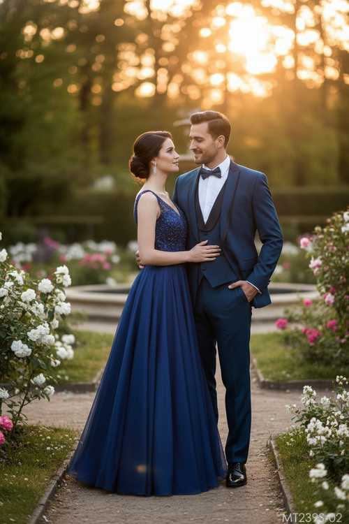 Alberto Nardoni men's teal blue 3-piece tuxedo. Fitted jacket with peak lapel, matching trousers, and waistcoat. Smooth, structured fabric. Formal wear.