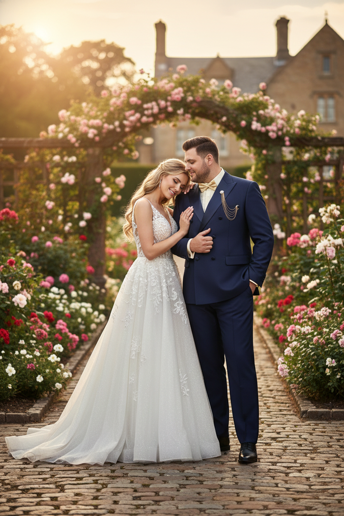 Navy double-breasted tuxedo for men. Features navy satin peak lapel, structured shoulders, and a fitted silhouette. Crafted from smooth fabric.
