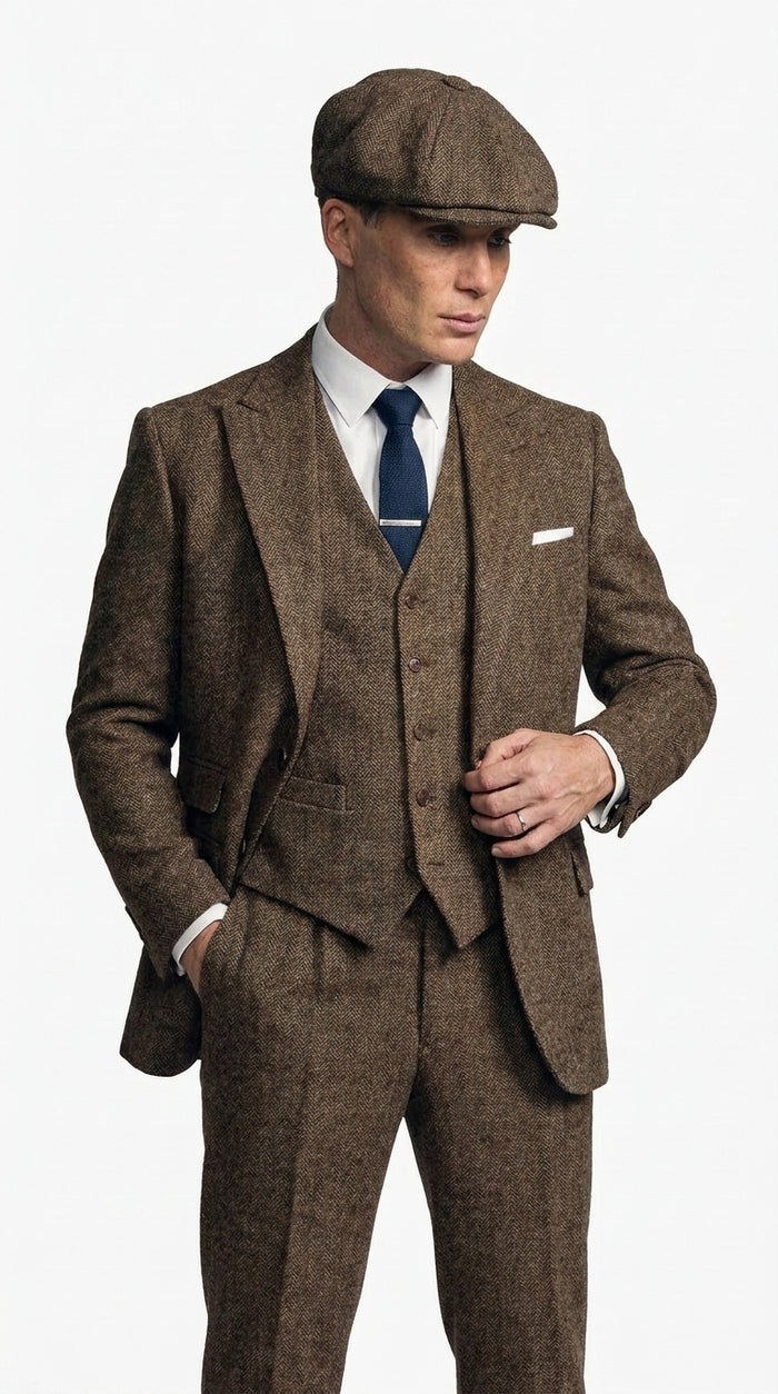Men's Thomas Shelby Brown Tweed Herringbone 3-Piece Suit – Peaky Blinders 1920s Vintage-Style Suit with Matching Vest & Trousers