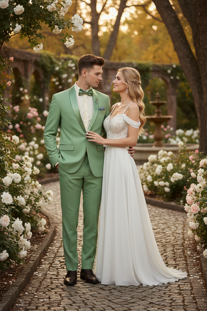 Men's mint green 2-piece tuxedo suit: fitted jacket with notched lapel, matching trousers, and mint green tie. Smooth, subtly sheened fabric. Includes a cream shirt.
