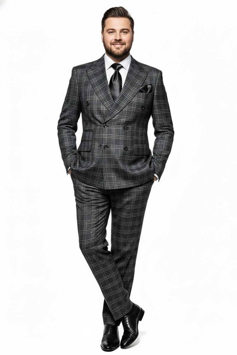 Men's charcoal plaid double-breasted suit: structured, tailored fit. Gray plaid pattern, broad lapel, double buttons. Straight-cut trousers. Black tie, pocket square, and shoes complete the formal look.
