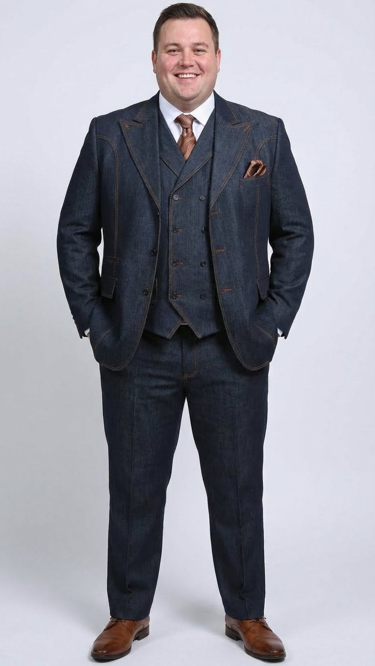 Mens Dark Denim Blue Fabric Suit Classic Three Piece Denim Suit for Wedding, Party and Formal Events