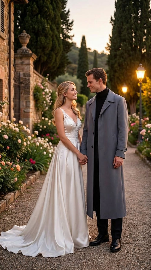 Alberto Nardoni charcoal grey overcoat. Full-length, straight silhouette with single-breasted front and large collar. Smooth, wool-like fabric reflects light. Reaches mid-calf. Clean seams, no embellishments. Long, fitted sleeves.
